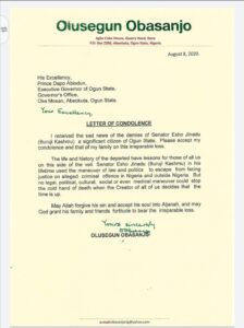 Former President Obasanjo's Condolence Letter on Late Buruji Kashamu