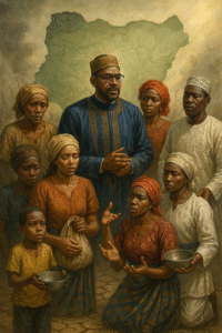 An imaginary former Senator of the Federal republic of Nigeria lamenting among helpless Nigerians