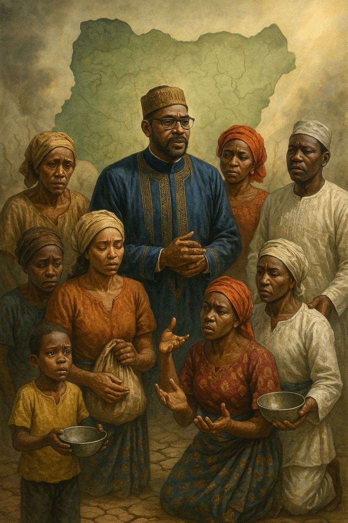 An imaginary former Senator of the Federal republic of Nigeria lamenting among helpless Nigerians