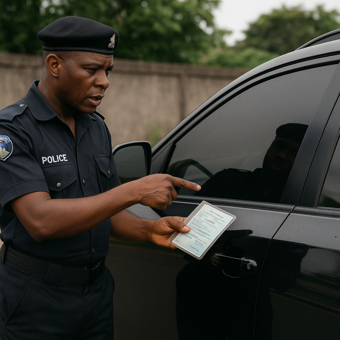 Policeman checking vehicle particulars of a vehicle
