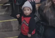 Tiny Raptors fan steals the show with jumbotron dance that had the arena cheering