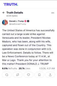A screenshot of President Donald Trump post on Truth Social 