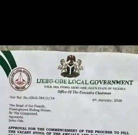 Fusengbuwa Ruling House Gets Council Clearance, Sets Jan. 12 Nomination Meeting Ijebu-Ode Local Government Letter to Fusengbuwa Ruling house