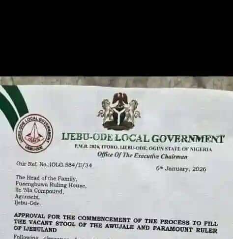 Ijebu-Ode Local Government Letter to Fusengbuwa Ruling house