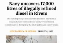 Navy Reports Suspected Illegally Refined Diesel Discovery in Rivers
