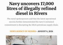 Navy Reports Suspected Illegally Refined Diesel Discovery in Rivers